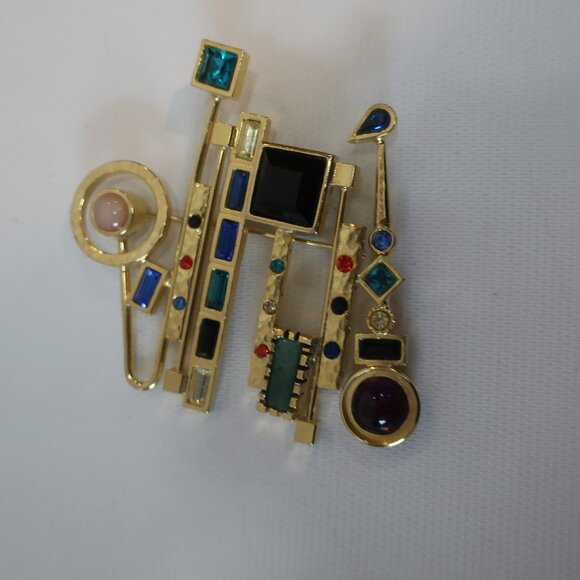 Women Patricia Locke Gold-Toned Multi Crystal Gems Abstract Modernist Brooch Pin - Picture 1 of 5